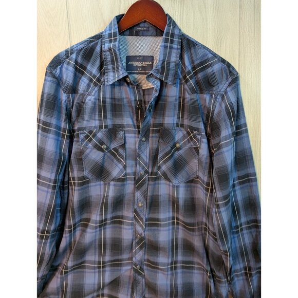 American Eagle Shirt Mens Large Western Pearl Snap Plaid Vintage Fit Blue - Picture 2 of 6